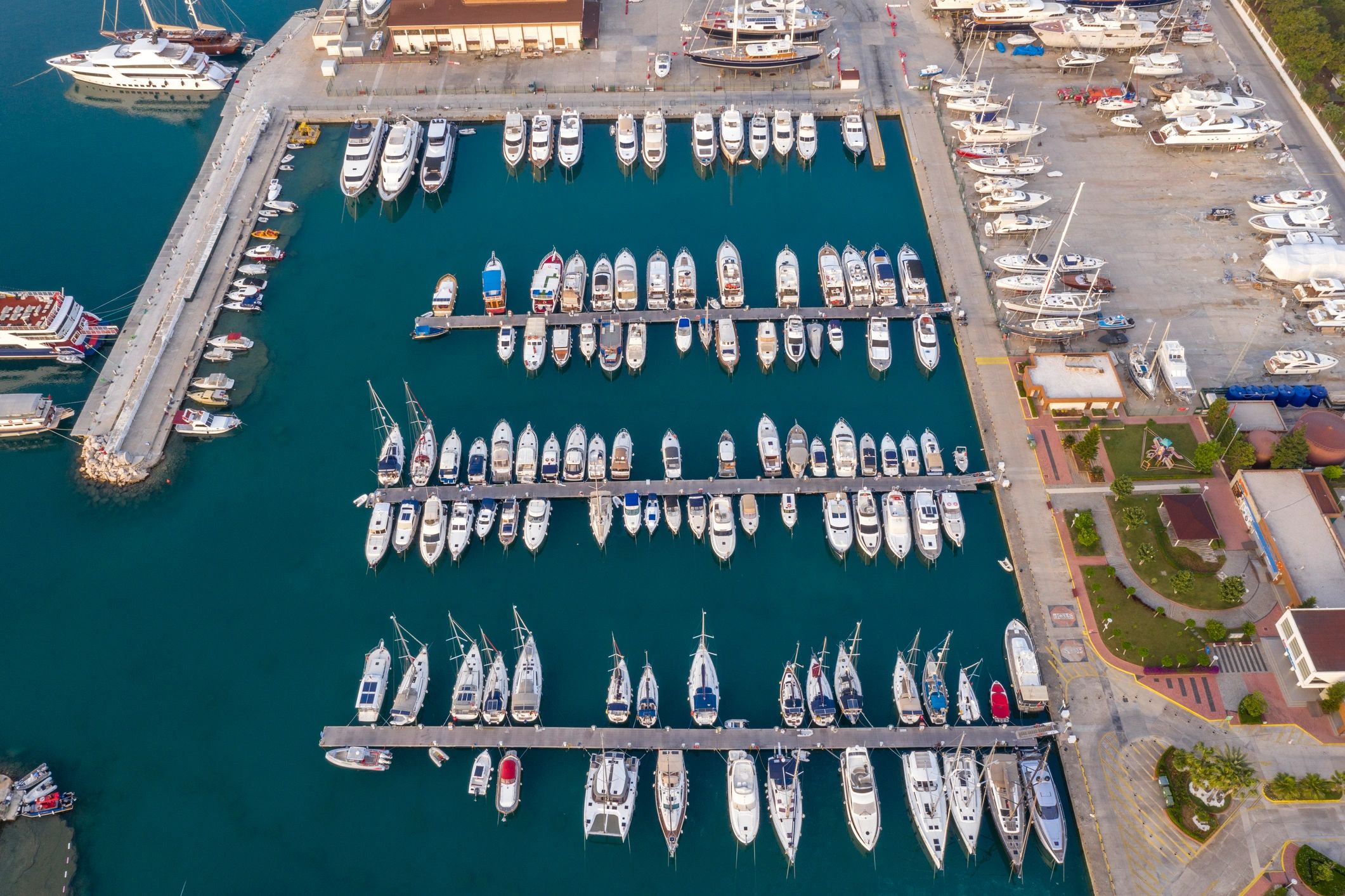 Marina with docks and open water