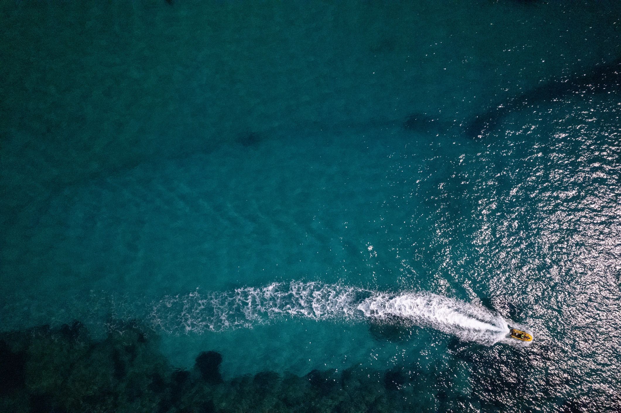 Speed boat floating along a coastline